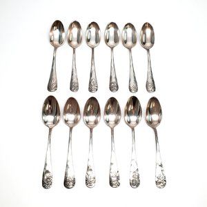 Set of 12 Antique George Shiebler Plant Pattern Silver Demitasse Spoons #6773